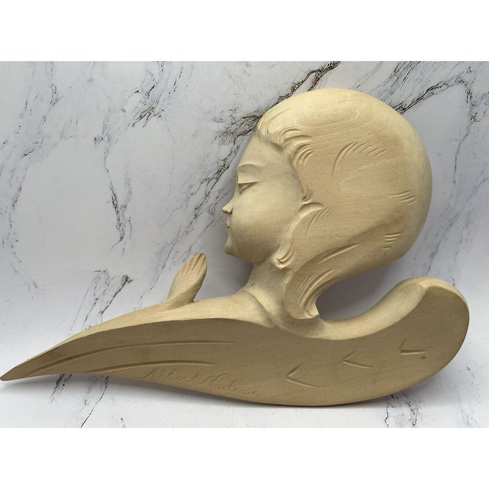 Wall Plaque of Girl Praying 8.5in Carved Natural Wood signed Quebec Canada